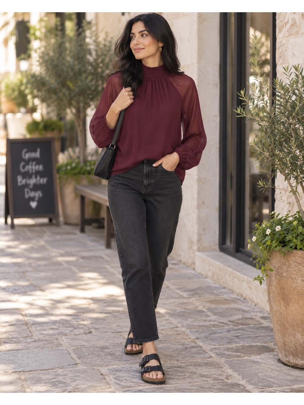 Joie Burgundy Long Sleeve Smoked Blouse Large